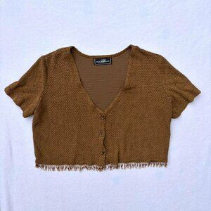 Vintage Molly Malloy Cropped Beaded Fringe Brown Short Sleeve Button-up Top Sz L
